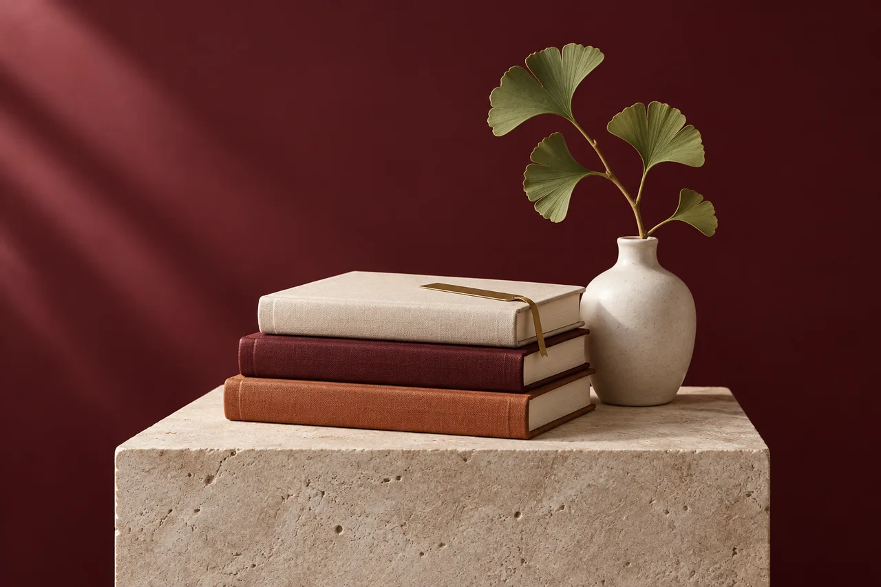 Cream and burgundy clothbound books beside a vase with a ginkgo branch