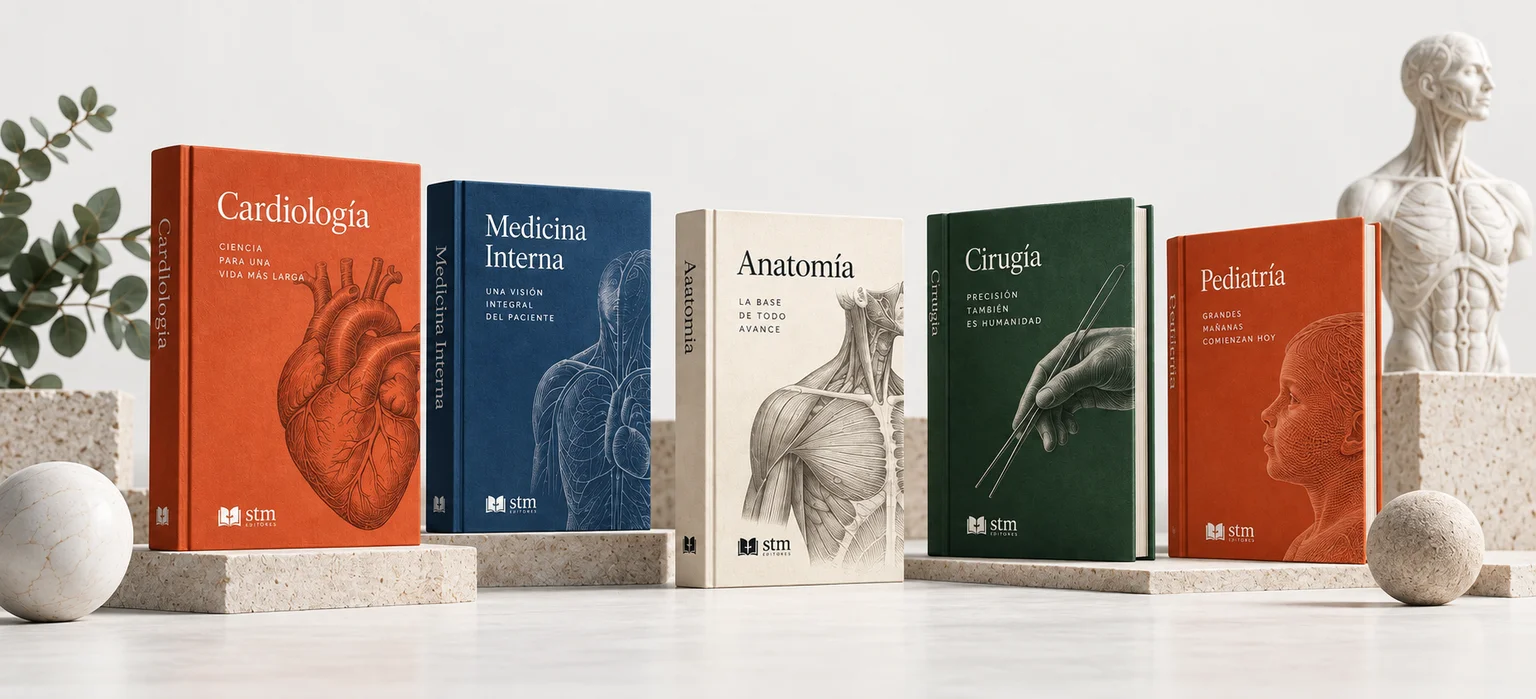Editorial composition of illustrated medical books on pale stone