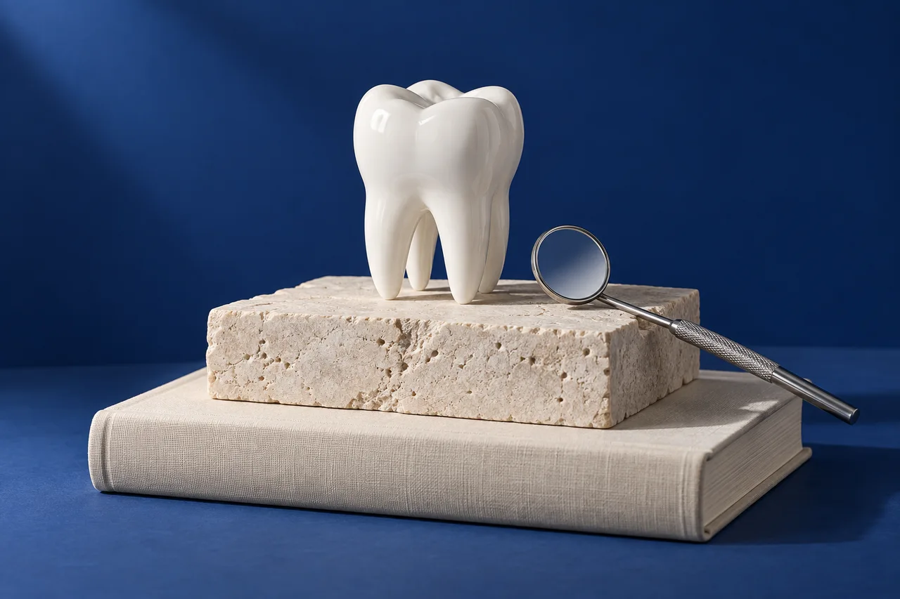Molar model and dental mirror on a book against a blue background